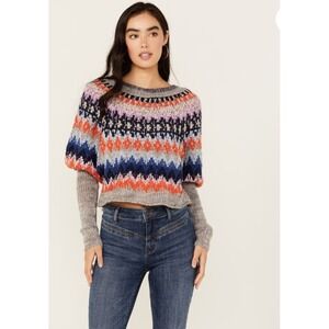 Free People Fair Isle Cropped Wool Blend Sweater Gray Orange Blue Multi L/XL